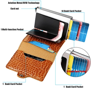 Brown crocodile leather RFID wallet detail showing multiple slots and aluminum card ejector