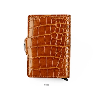 Detail of brown crocodile pattern leather card holder with RFID metal money clip