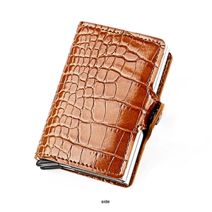 Side view of brown crocodile texture leather RFID card holder with metallic popup case