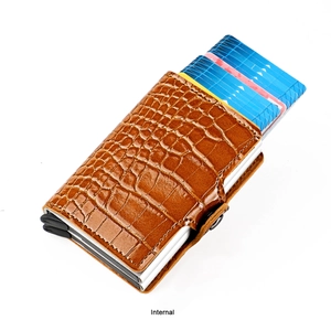 Detail view of brown crocodile texture leather card holder with RFID aluminum slot