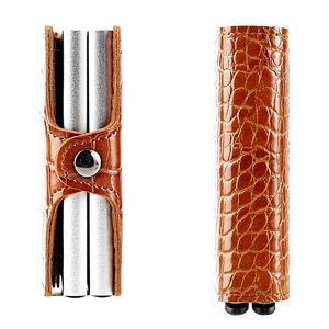 Close-up of double-layer metal card wallet featuring a brown crocodile leather texture finish