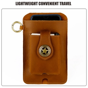Brown crazy horse leather waist bag for men featuring large smartphone pocket and star detail