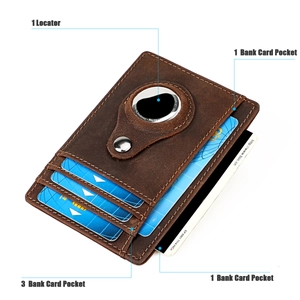 Vue détaillée du portefeuille en cuir marron avec cinq fentes et support pour AirTag