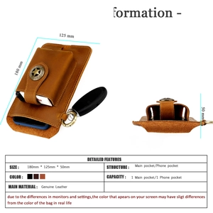 Detailed view of light brown genuine leather waist bag with star emblem and size specs