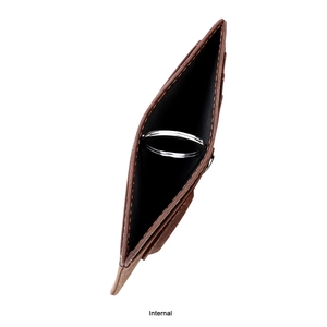 Détail intérieur du porte-cartes en cuir marron avec anneau porte-clés en métal argenté