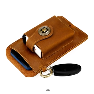 Side view of brown genuine leather phone pouch with belt loop and bronze star clasp