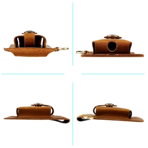 Detail view of four angles showing brown leather pouch with metal snap and carabiner hook