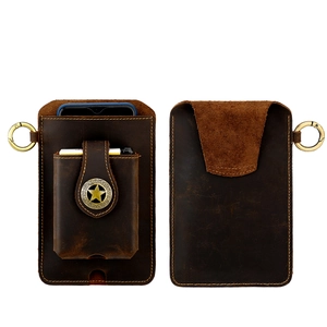 Detail of vintage crazy horse leather phone pouch with star buckle and metal clip