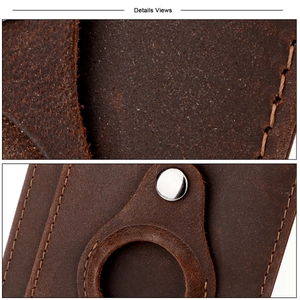 Détail du portefeuille AirTag en cuir avec surpiqûres épaisses et bouton-pression en argent