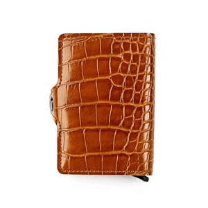 Brown crocodile leather RFID metal card holder wallet with pop-up mechanism and snap closure
