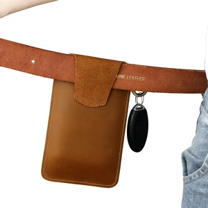 Vertical genuine leather phone holster in brown madness horse leather on a waist belt