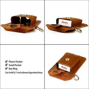 Retro brown crazy horse leather phone holster for men, outdoor waist bag for 6.7-inch phones