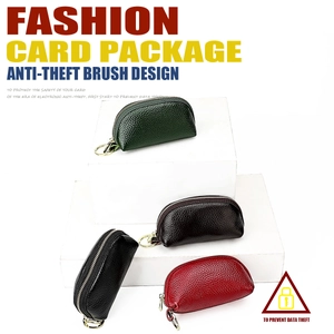 Litchi pattern genuine leather pouches with anti-theft tech in four classic colors