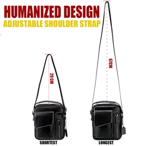 Detail of adjustable leather shoulder strap showing range from 29cm to 67cm length