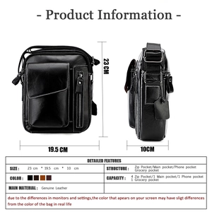 Detailed size specifications of the genuine leather men shoulder bag with multiple pockets