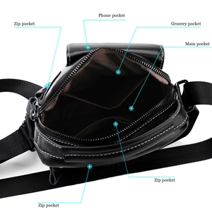Internal structure of black leather crossbody bag showing multiple storage compartments