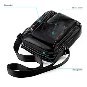 Detail view of the black leather crossbody bag showing organized functional compartments