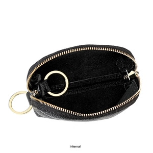 Internal view of black pebble leather key pouch with gold zipper and double key rings