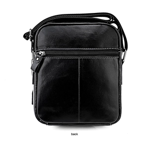 Back view of men's black leather messenger bag with zipper pocket and white stitching