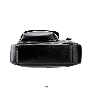 Detail view of genuine leather bag showing white contrast stitching and soft texture