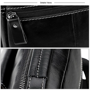 Macro shot of black genuine leather bag with white stitching and metal zipper