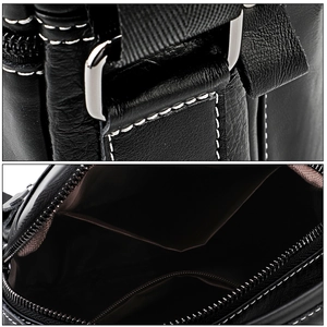 Detail of black leather crossbody bag with white contrast stitching and interior zip pocket
