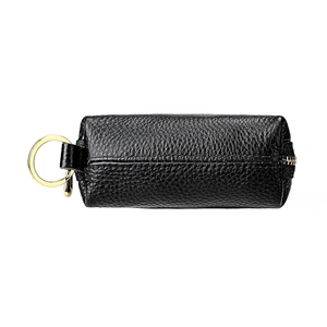 Black pebble grain leather car key case with gold zipper and keychain ring