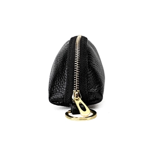 Black genuine leather car key case with lychee grain and gold zipper hardware
