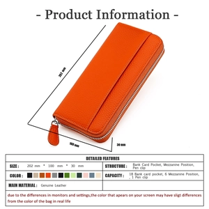 Orange leather wallet size specifications with 18 card slots and RFID protection detail