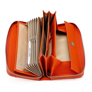 Detail view of RFID leather wallet interior with accordion card slots and snap coin pocket
