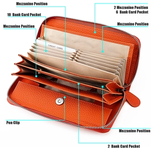 Detail view of orange leather wallet with 18 card slots and RFID protection