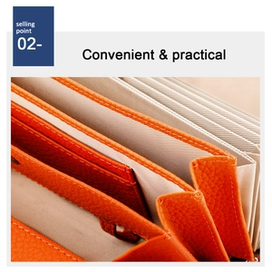 Close-up of orange leather accordion card wallet showing RFID protection compartments