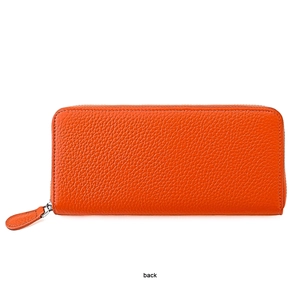Back view of orange litchi grain leather long wallet with high-quality metal zipper