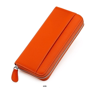 Side view of orange genuine leather long wallet with RFID protection and litchi grain