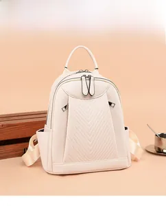 Detailed close-up of cream PU leather backpack featuring V-shaped quilted texture
