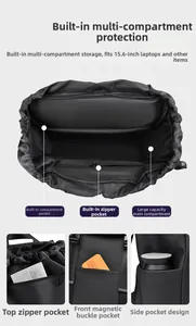 Multi-compartment travel backpack detail showing 15.6-inch laptop storage and layered pockets
