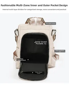 Dettaglio degli scomparti interni di questo zaino da viaggio leggero bianco panna