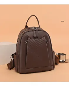 Detail of dark brown pebble leather backpack with V-shaped stitching and dual zippers