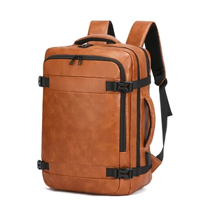 Brown faux leather business travel backpack with USB charging port shown at 45-degree angle
