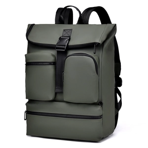Army green business travel backpack with multi-pocket design and buckle closure