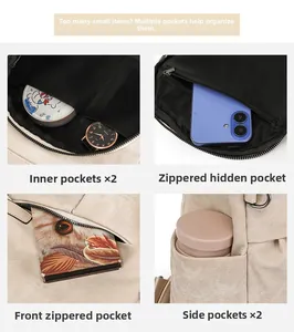 Dettaglio degli scomparti interni e delle tasche esterne dello zaino beige