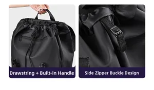 Detail of the drawstring closure, hidden top handle, and side buckle on this black backpack