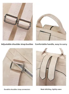 Détails de la boucle réglable, de la poignée et des coutures du sac à dos beige