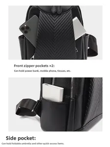 Detail of black pebbled leather backpack showing functional front zippers and side pockets