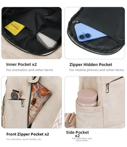 Détail des compartiments du sac à dos beige montrant l'intérieur et les poches de côté