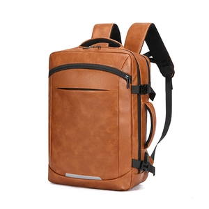Brown faux leather business backpack with laptop compartment and adjustable side straps