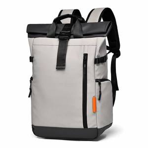 Sac à dos moderne extensible avec fermeture roll-top en tissu imperméable gris et noir