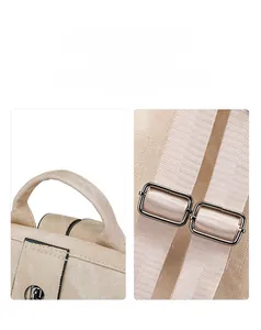 Détail du sac à dos beige avec poignée renforcée et bandoulière tissée réglable