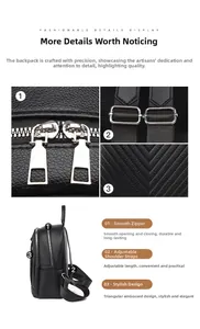 Detail view of black lychee leather backpack with silver zippers and adjustable straps