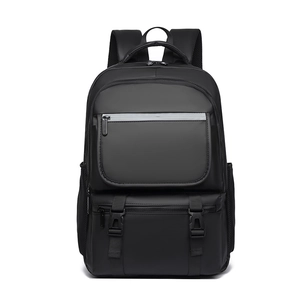 Large capacity black waterproof backpack with front zipper pocket and buckle straps